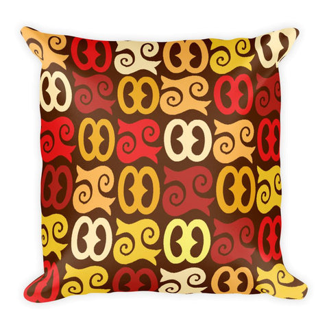 African Print Pillow with Gorgeous Adinkra Patterns in Red, Yellow, Brown - Great for Living Room or Bedroom - Square Pillow - Adventacle